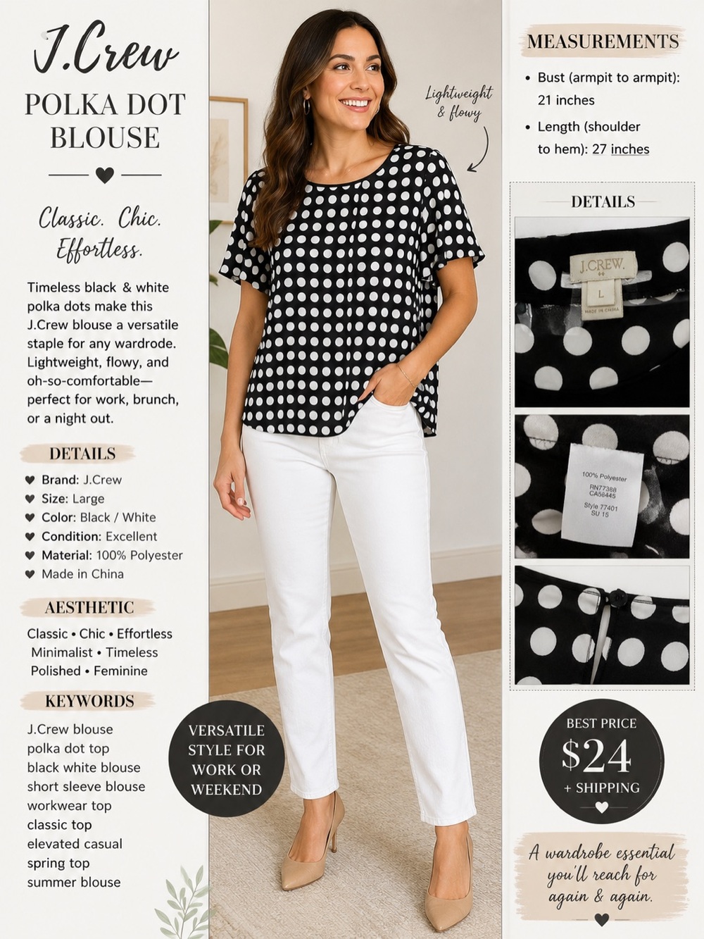 J. Crew Black Top with White Polka Dots